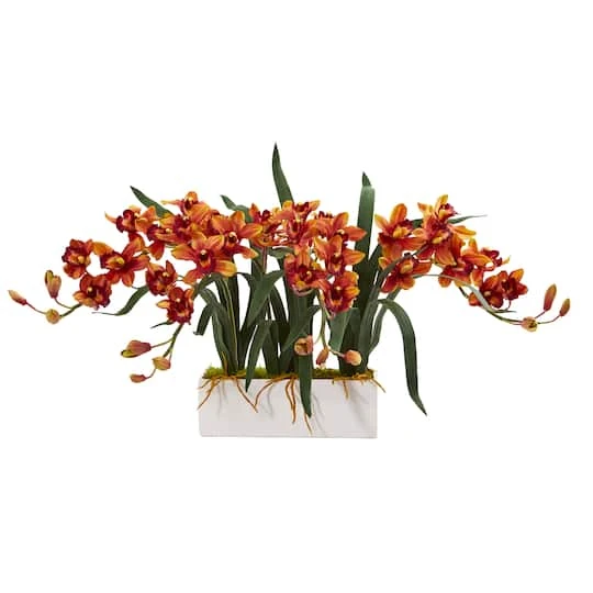 15" Red Boat Orchid Arrangement In White Vase 3 15" Red Boat Orchid Arrangement In White Vase