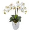23" White Double Stem Orchid Arrangement In White Textured Vase