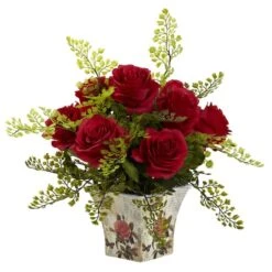 13" Red Rose & Maiden Hair Arrangement In Floral Planter