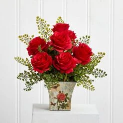 13" Red Rose & Maiden Hair Arrangement In Floral Planter -Flowers Michael Store D292713S 13