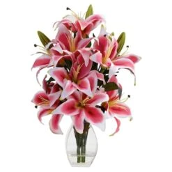 18" Pink Rubrum Lily Arrangement With Decorative Vase