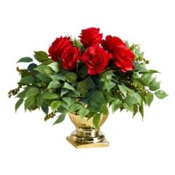 14" Red Rose Floral Arrangement In Gold Urn