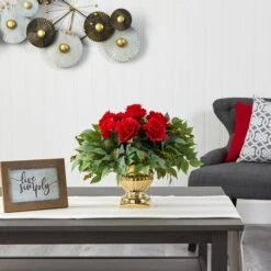 14" Red Rose Floral Arrangement In Gold Urn -Flowers Michael Store D292755S 3