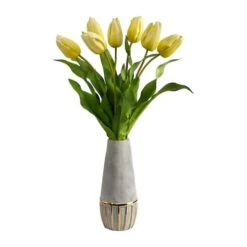 22" Yellow Dutch Tulip Arrangement In Gold Trim Stoneware Vase -Flowers Michael Store D292773S 1 1