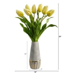 22" Yellow Dutch Tulip Arrangement In Gold Trim Stoneware Vase -Flowers Michael Store D292773S 2