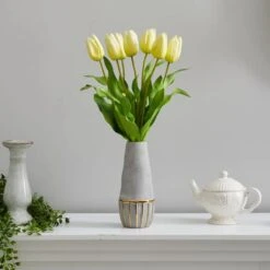 22" Yellow Dutch Tulip Arrangement In Gold Trim Stoneware Vase -Flowers Michael Store D292773S 3