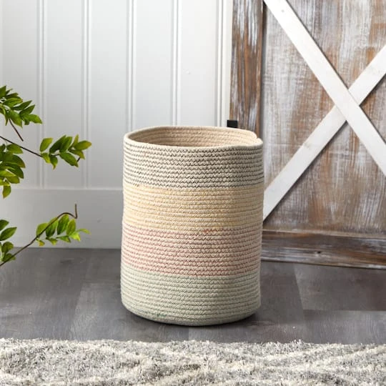 12" Handmade Natural Cotton Multicolored Woven Basket Planter 5 12" Handmade Natural Cotton Multicolored Woven Basket Planter - Image 3