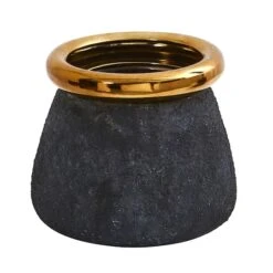 8" Stone Planter With Bronze Rim