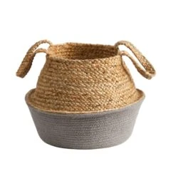 12" Boho Chic Handmade Cotton & Jute Gray Woven Basket Planter