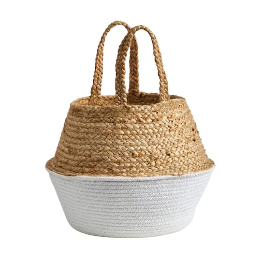 12" Boho Chic Handmade Cotton & Jute White Woven Basket Planter 6 12" Boho Chic Handmade Cotton & Jute White Woven Basket Planter - Image 4