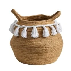 11" Boho Chic Handmade Natural Cotton Woven Basket Planter With Tassels