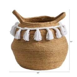 11" Boho Chic Handmade Natural Cotton Woven Basket Planter With Tassels -Flowers Michael Store D293127S 2