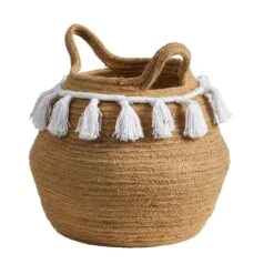 11" Boho Chic Handmade Natural Cotton Woven Basket Planter With Tassels -Flowers Michael Store D293127S 3