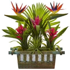 19" Bird Of Paradise & Bromeliad In Wooden Planter