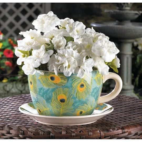 4.5'' Peacock Feather Teacup Planter 5 4.5'' Peacock Feather Teacup Planter - Image 3