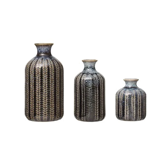 Hello Honey® Embossed Stoneware Vase With Reactive Glaze Finish Set 3 Hello Honey® Embossed Stoneware Vase With Reactive Glaze Finish Set