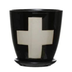Hello Honey® 6" Black Stoneware Planter With Saucer & Wax Relief White Swiss Cross Set -Flowers Michael Store D321234S 1 1