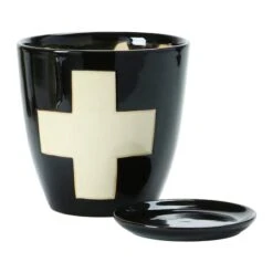 Hello Honey® 6" Black Stoneware Planter With Saucer & Wax Relief White Swiss Cross Set -Flowers Michael Store D321234S 4