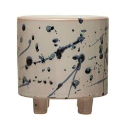 Hello Honey® 6" White & Blue Splatter Design Stoneware Footed Planter