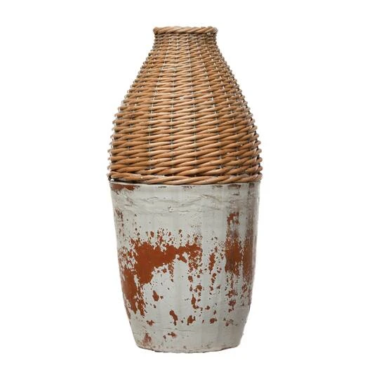 Hello Honey® 16.5" Distressed White Hand-Woven Rattan & Clay Vase 3 Hello Honey® 16.5" Distressed White Hand-Woven Rattan & Clay Vase
