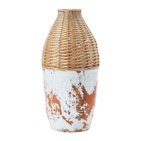 Hello Honey® 16.5" Distressed White Hand-Woven Rattan & Clay Vase 5 Hello Honey® 16.5" Distressed White Hand-Woven Rattan & Clay Vase - Image 3