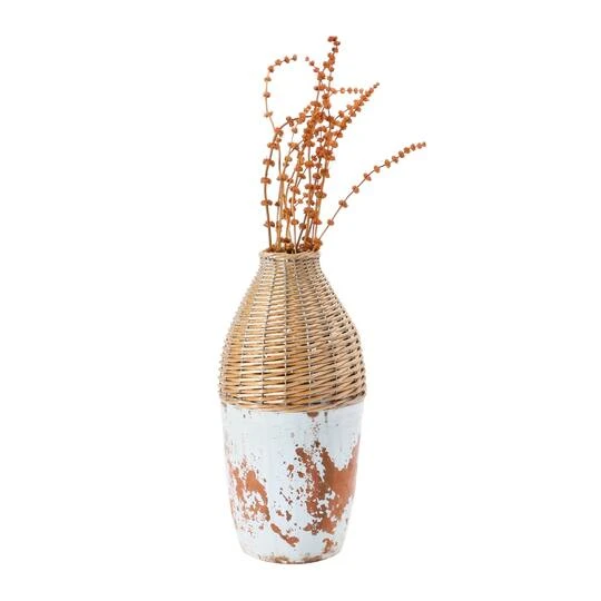 Hello Honey® 16.5" Distressed White Hand-Woven Rattan & Clay Vase 7 Hello Honey® 16.5" Distressed White Hand-Woven Rattan & Clay Vase - Image 5
