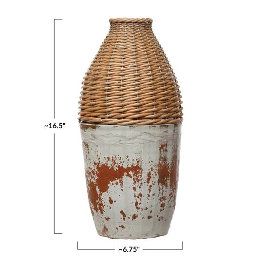 Hello Honey® 16.5" Distressed White Hand-Woven Rattan & Clay Vase 9 Hello Honey® 16.5" Distressed White Hand-Woven Rattan & Clay Vase - Image 7