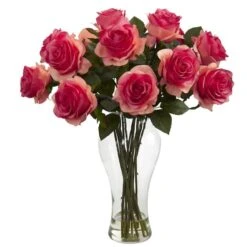 18" Blooming Dark Pink Roses In Decorative Vase