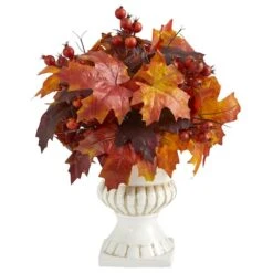 20" Autumn Maple Leaf & Berries Plant In White Urn