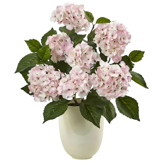 22" Pink Hydrangea Arrangement In White Planter 3 22" Pink Hydrangea Arrangement In White Planter