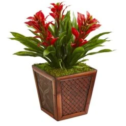 18'' Red Triple Bromeliad Plant In Brown Decorative Planter