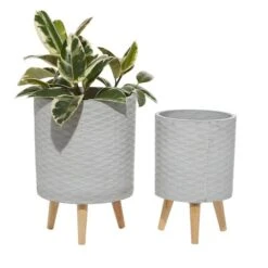 Light Gray Cylinder Polystone Contemporary Planter Set