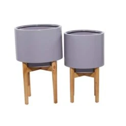 Gray Iron Contemporary Planter With Natural Legs Set