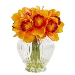 9" Boat Orange Orchid Arrangement In Glass Vase