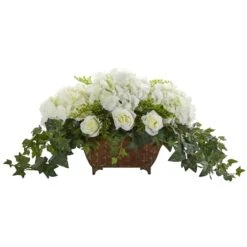 Hydrangea & Roses Artificial Arrangement In Metal Planter