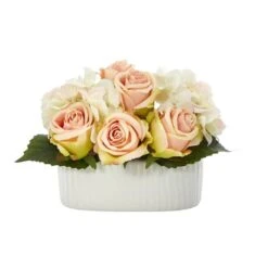 7" Rose And Hydrangea Artificial Arrangement In White Vase -Flowers Michael Store D388050S 1 1
