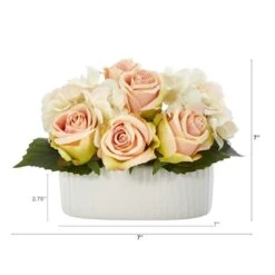 7" Rose And Hydrangea Artificial Arrangement In White Vase -Flowers Michael Store D388050S 2