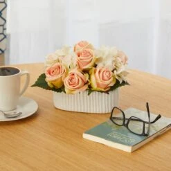 7" Rose And Hydrangea Artificial Arrangement In White Vase -Flowers Michael Store D388050S 3