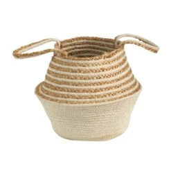 14'' Cream & Natural Cotton & Jute Boho Chic Belly Basket Planter
