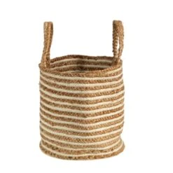 14'' Handwoven Stripe Natural Cotton And Jute Boho Chic Basket Planter -Flowers Michael Store D478447S 4