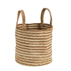 14'' Handwoven Stripe Natural Cotton And Jute Boho Chic Basket Planter -Flowers Michael Store D478447S 5