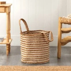 14'' Handwoven Stripe Natural Cotton And Jute Boho Chic Basket Planter -Flowers Michael Store D478447S 6