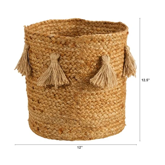 12.5'' Natural Hand-Woven Jute Boho Chic Basket Planter With Tassels 6 12.5'' Natural Hand-Woven Jute Boho Chic Basket Planter With Tassels - Image 4