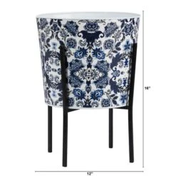 16" Oriental Blue And White Classic Round Metal Planter With Stand 8 16" Oriental Blue And White Classic Round Metal Planter With Stand -Flowers Michael Store D478455S 2