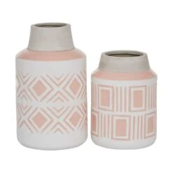 Set Of 2 White Stoneware Farmhouse Vase, 7.5", 9.75"