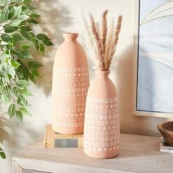 Set Of 2 Pink Stoneware Rustic Vases, 15" X 5" X 5" -Flowers Michael Store D490032S 7