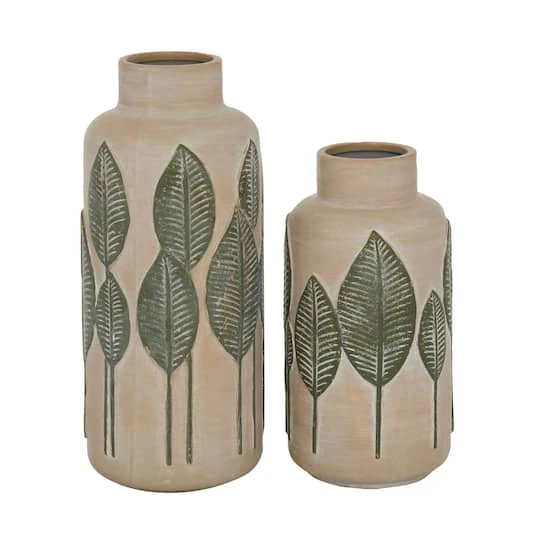 Set Of 2 Beige Stoneware Coastal Style Vase, 11", 14" 4 Set Of 2 Beige Stoneware Coastal Style Vase, 11", 14" - Image 2