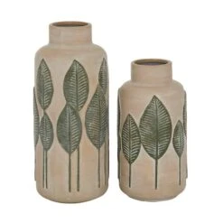 Set Of 2 Beige Stoneware Coastal Style Vase, 11", 14"
