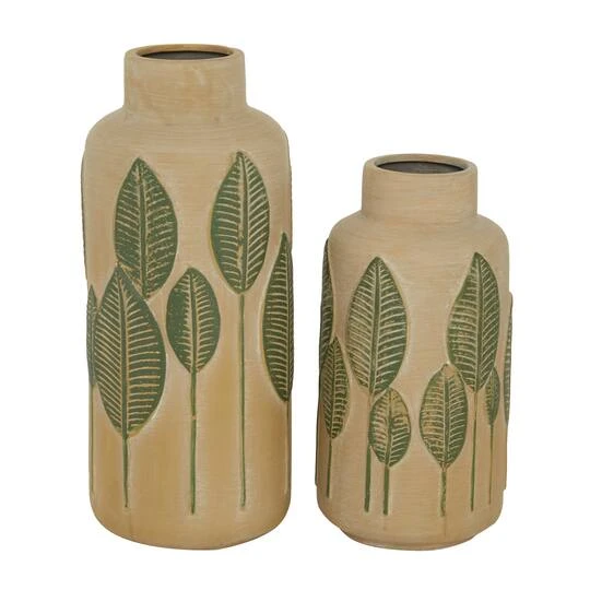 Set Of 2 Beige Stoneware Coastal Style Vase, 11", 14" 5 Set Of 2 Beige Stoneware Coastal Style Vase, 11", 14" - Image 3