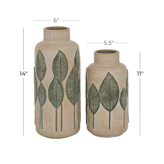 Set Of 2 Beige Stoneware Coastal Style Vase, 11", 14" 8 Set Of 2 Beige Stoneware Coastal Style Vase, 11", 14" - Image 6
